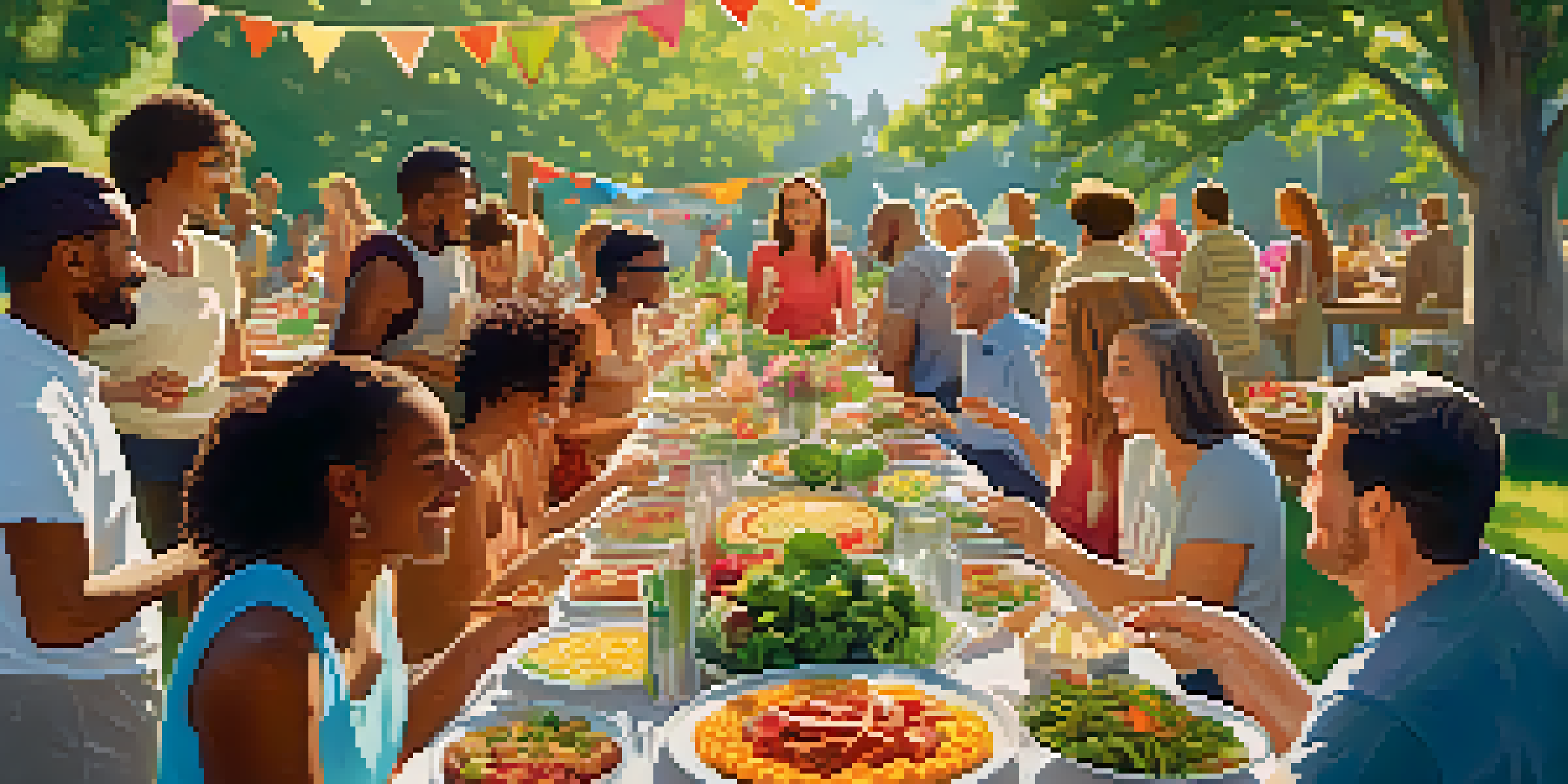 A community gathering in a garden with people sharing colorful vegetarian dishes on a long table, surrounded by greenery and flowers.