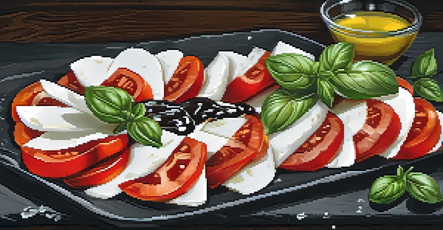 A beautifully arranged Caprese salad with mozzarella, tomatoes, and basil on a slate plate.