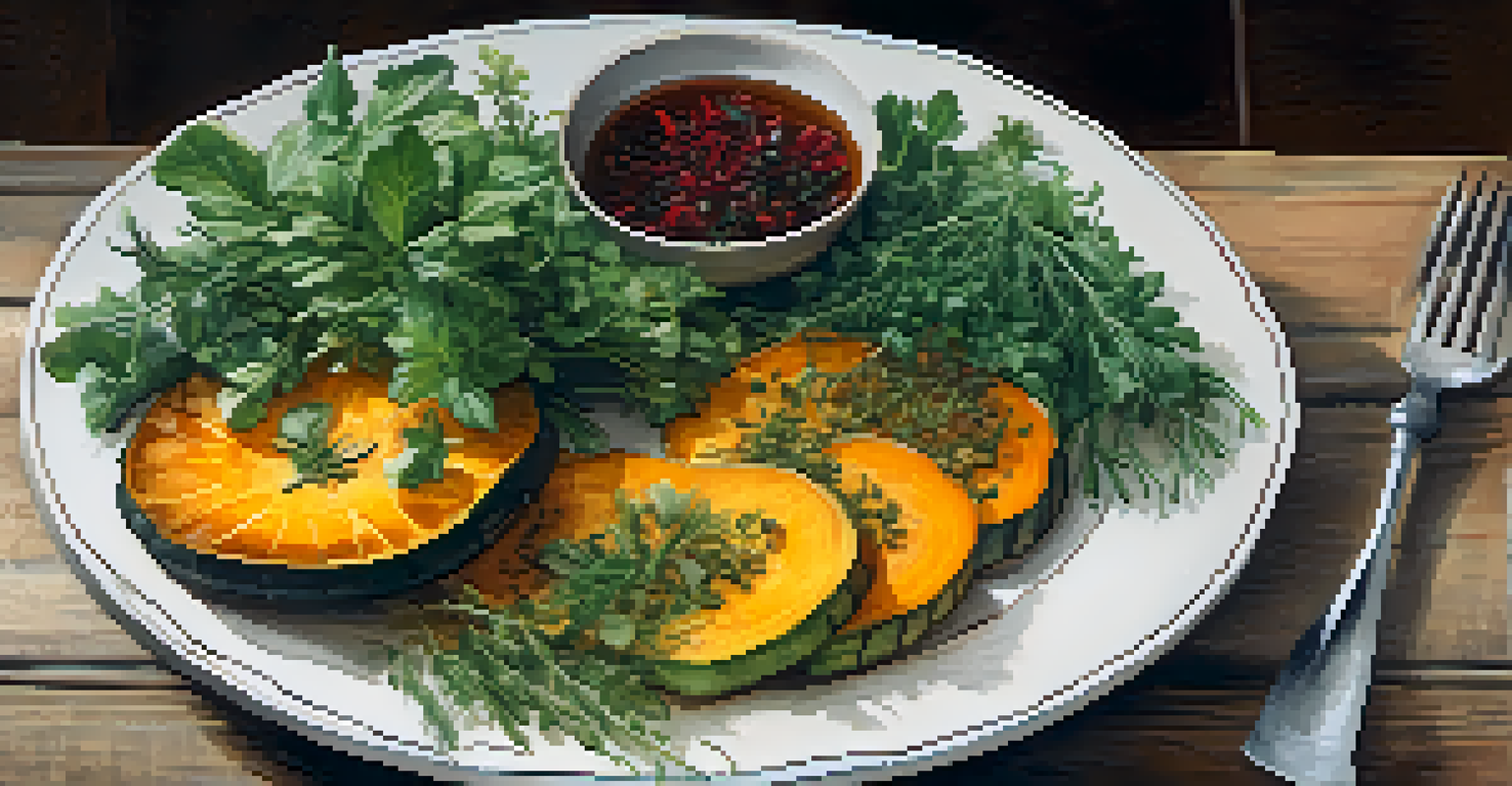 A gourmet dish featuring roasted squash and fresh greens, beautifully presented on a rustic wooden table with a glass of herbal tea nearby.