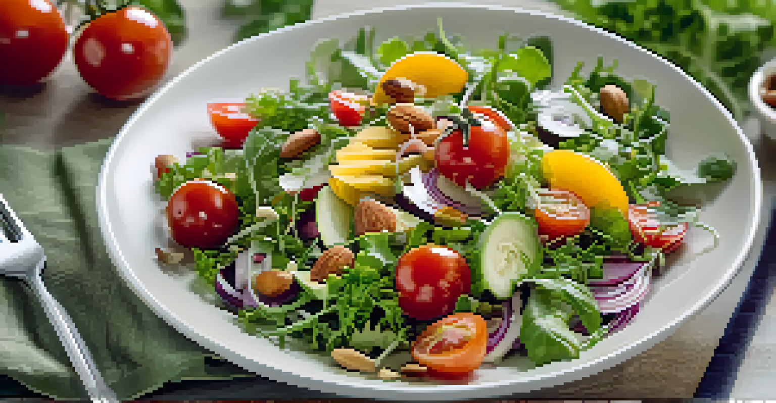 A close-up of a colorful vegetarian salad in a white bowl, highlighting fresh ingredients and a fork beside it.