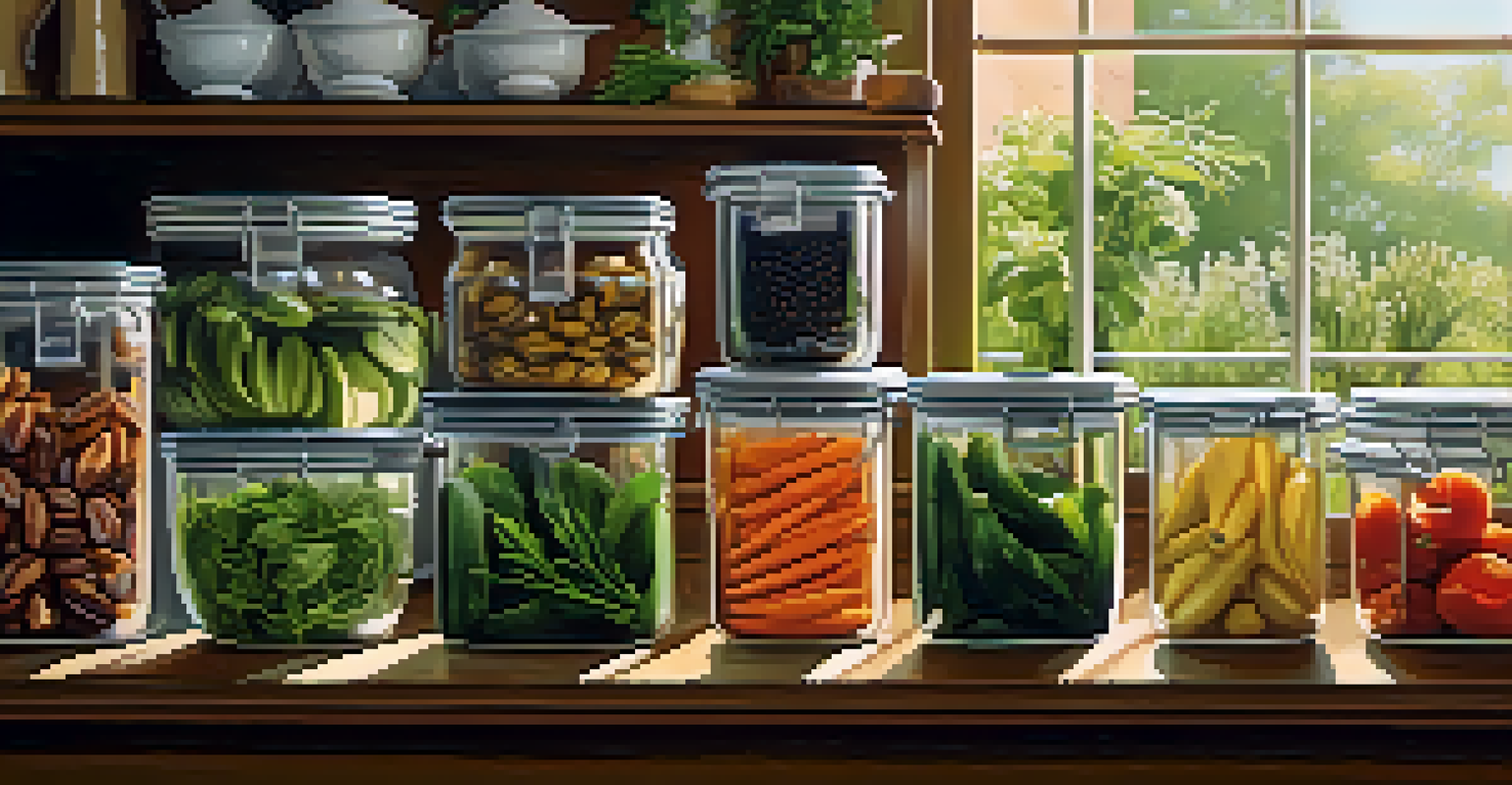 Neatly organized glass containers of vegetarian meals on a kitchen counter, with fresh herbs and sunlight creating a warm atmosphere.