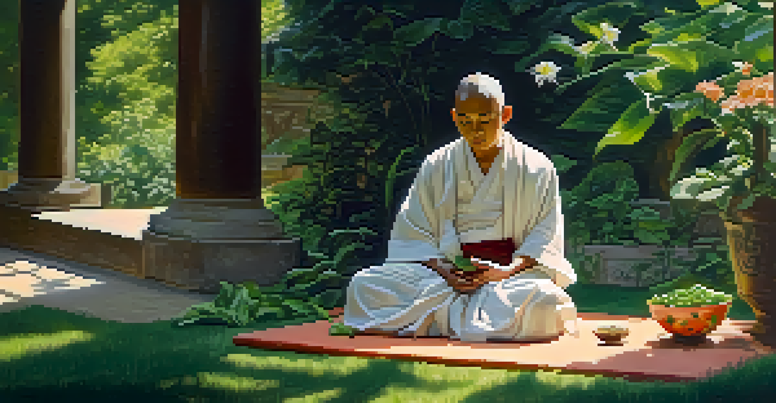 A Buddhist monk meditating in a tranquil garden with a bowl of vegetarian food next to him.