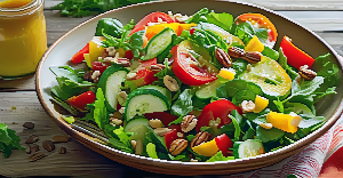 A colorful summer salad with greens, tomatoes, cucumbers, and bell peppers in a wooden bowl, under soft sunlight.