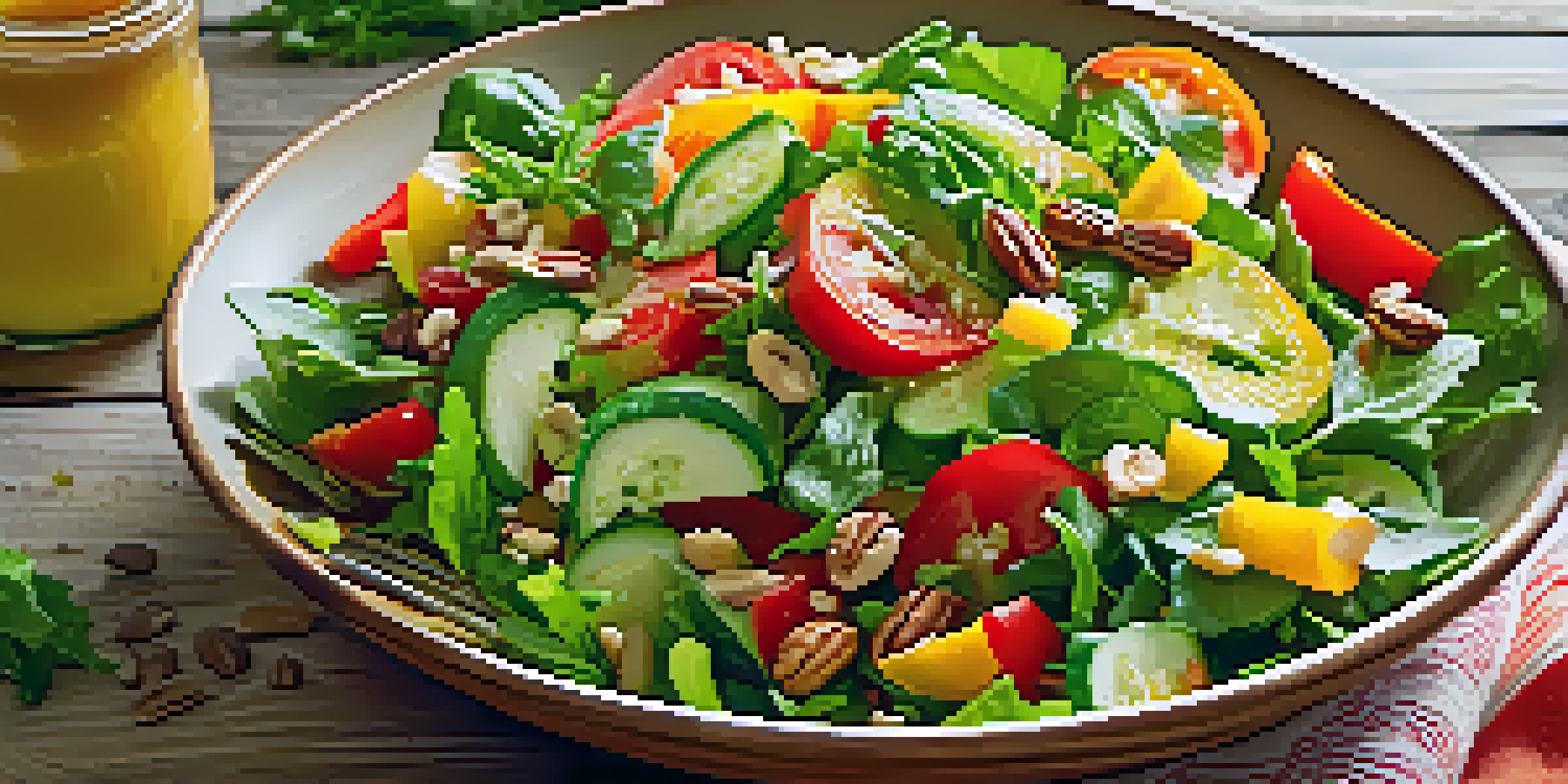 A colorful summer salad with greens, tomatoes, cucumbers, and bell peppers in a wooden bowl, under soft sunlight.