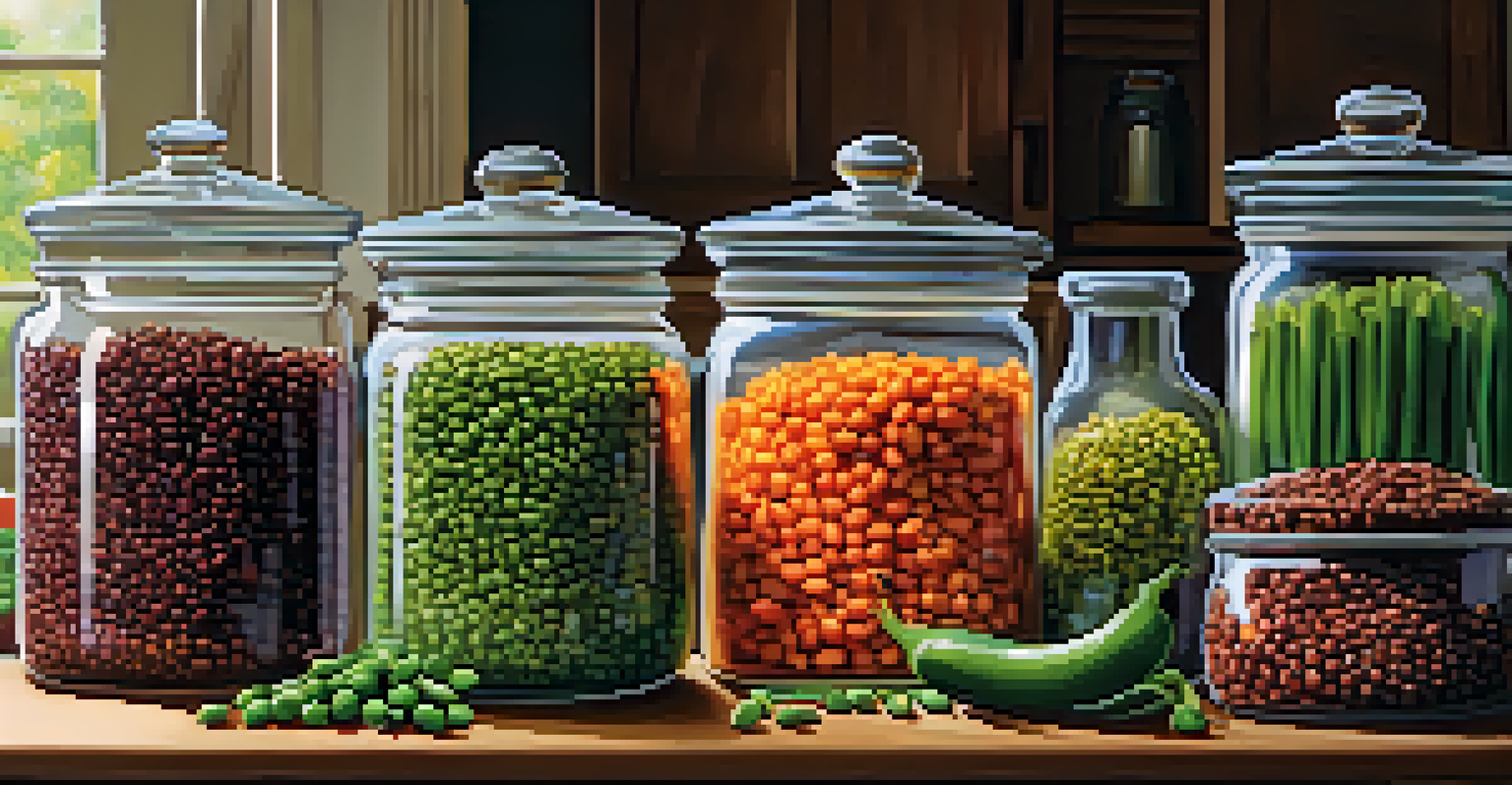 A kitchen countertop displaying jars of organic legumes like beans and lentils, with fresh vegetables in the background.