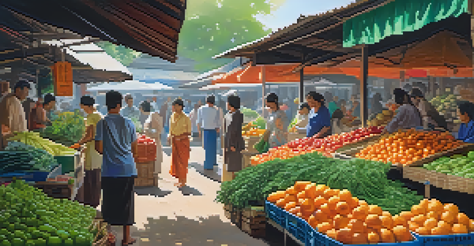 A lively Southeast Asian market with fresh produce and herbs, filled with colors and sunlight filtering through the trees.