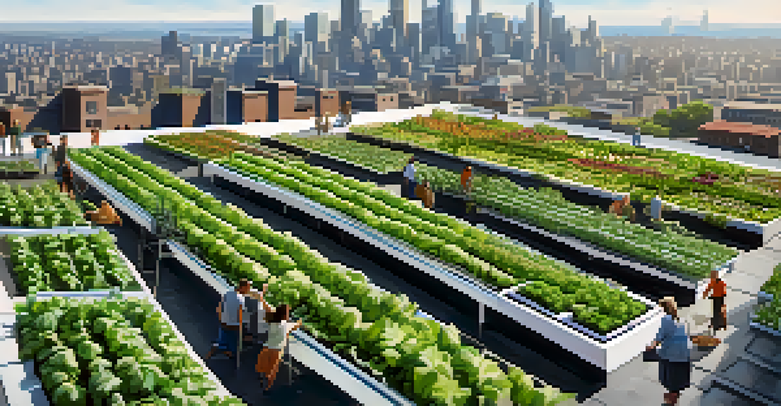 An aerial view of a rooftop farm with rows of vegetables and a city skyline in the background.