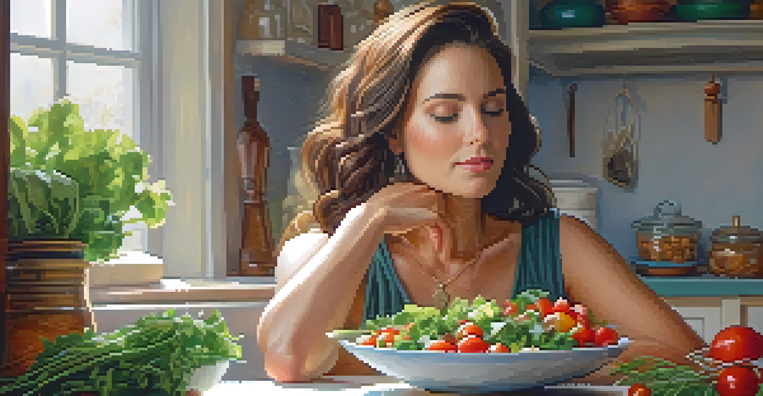 A woman in a cozy kitchen holding a bowl of colorful salad, with a cross pendant visible around her neck, representing her faith.