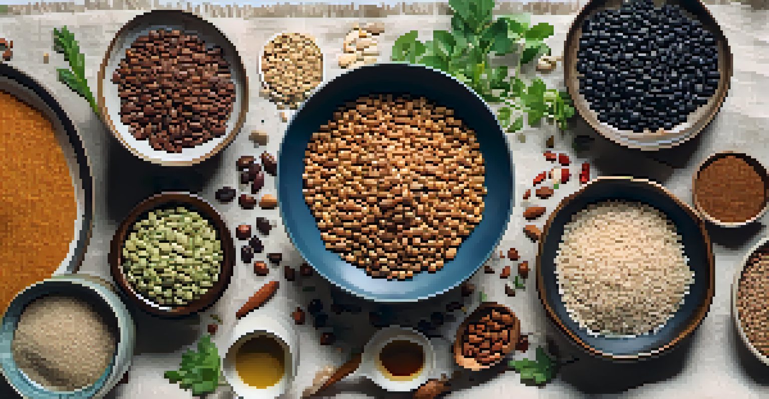 An overhead view of various plant-based protein sources arranged on a light linen cloth.