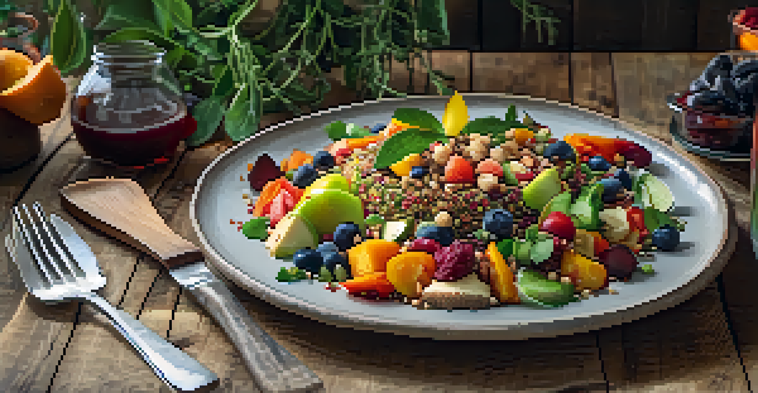 An aesthetically pleasing plate of plant-based dishes with colorful salad and roasted vegetables, set in a rustic environment.
