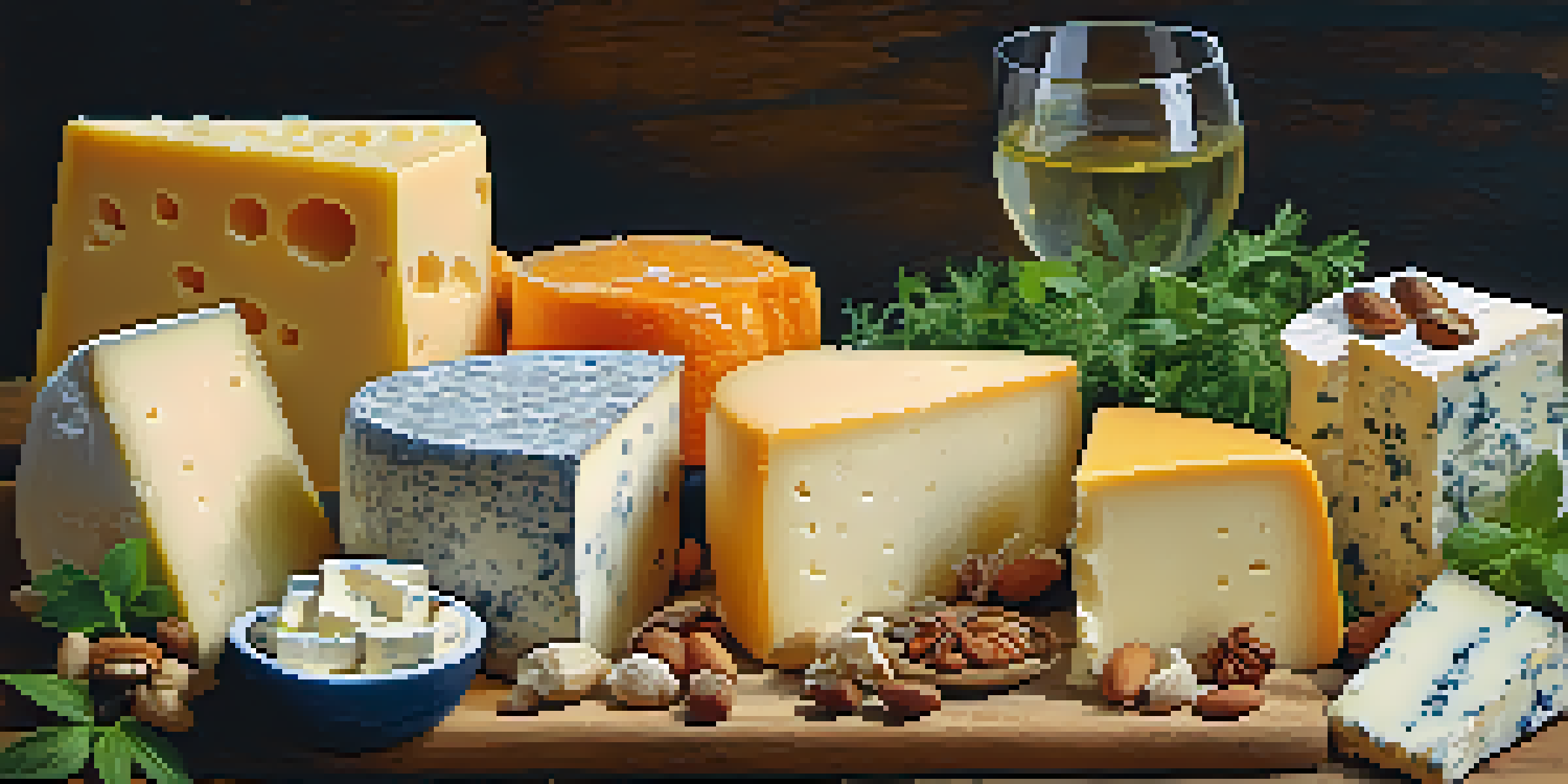 A beautiful arrangement of different plant-based cheeses on a wooden table, with fresh herbs and crackers.