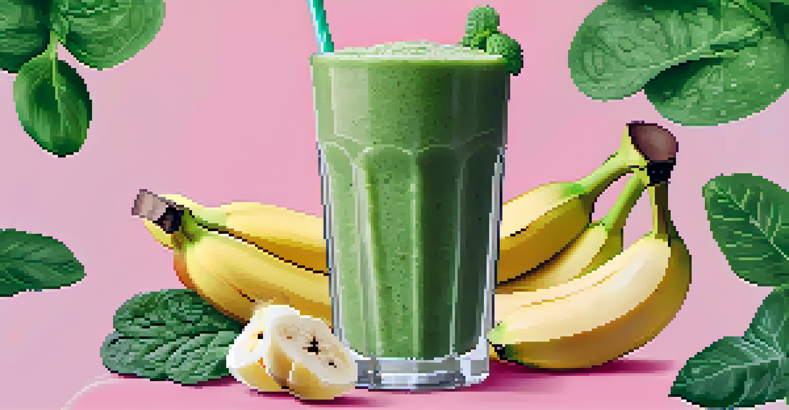A refreshing green smoothie in a glass made with spinach, banana, and plant-based protein powder, garnished with chia seeds and a banana slice, surrounded by fresh fruits and greens.