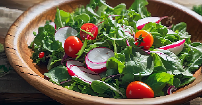 A close-up of a fresh mixed salad with leafy greens, cherry tomatoes, and radishes in a wooden bowl, illuminated by sunlight.