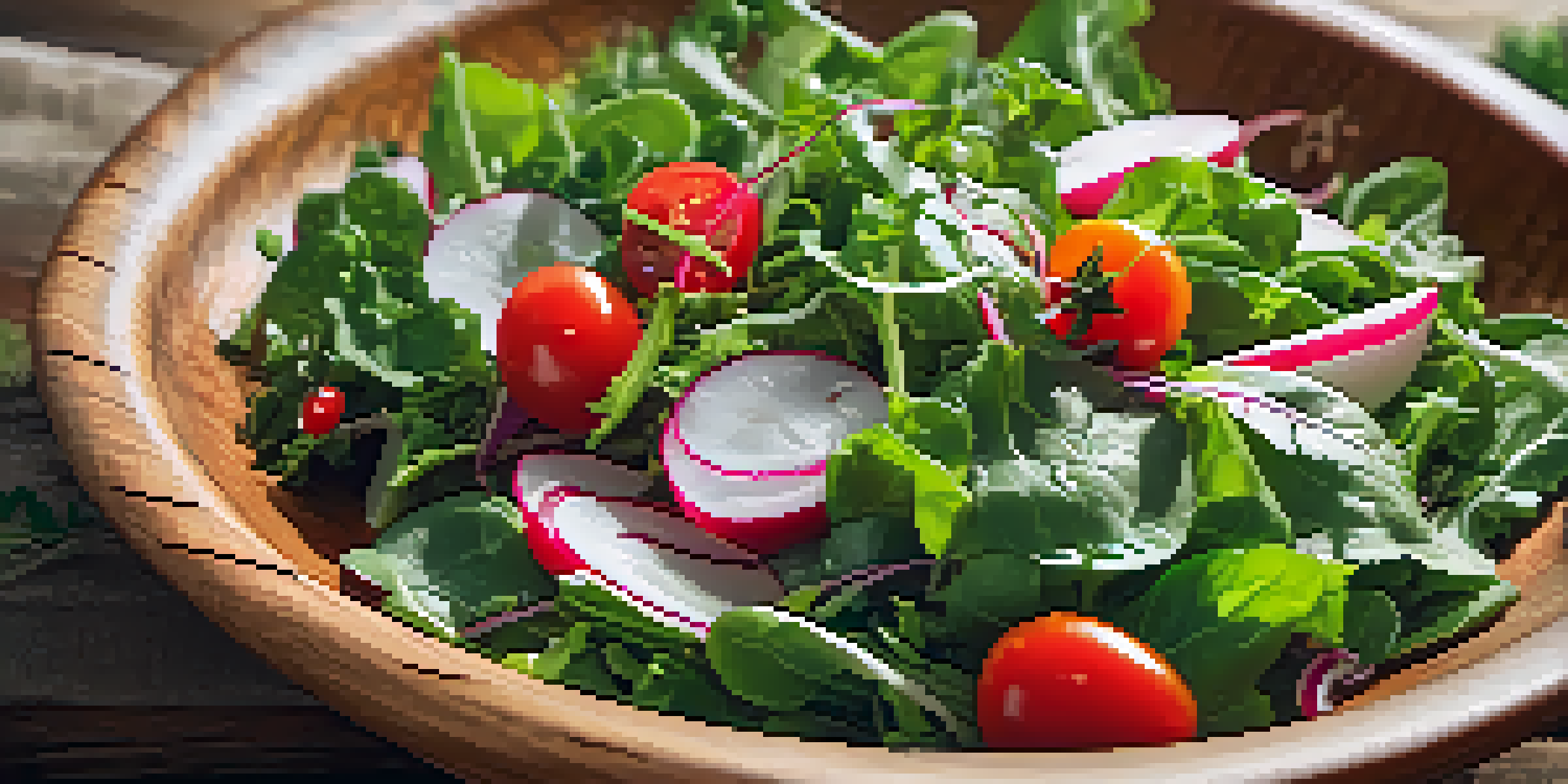 A close-up of a fresh mixed salad with leafy greens, cherry tomatoes, and radishes in a wooden bowl, illuminated by sunlight.