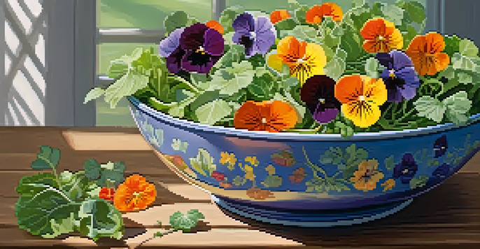 A colorful salad featuring mixed greens and vibrant edible flowers, illuminated by natural light on a wooden table.