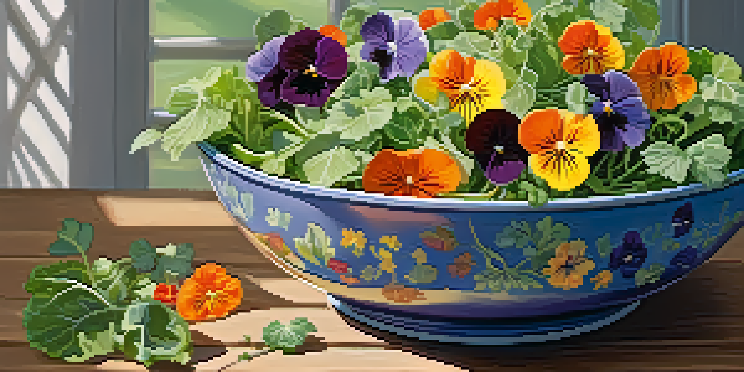 A colorful salad featuring mixed greens and vibrant edible flowers, illuminated by natural light on a wooden table.