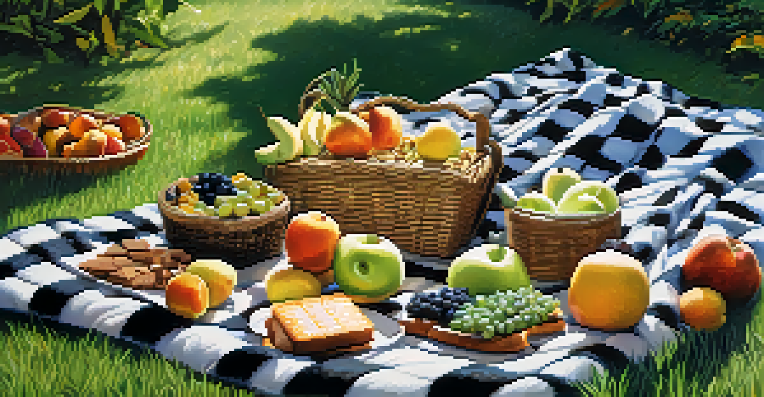 A serene outdoor picnic scene with a checkered blanket, fresh plant-based foods, and soft sunlight casting a warm glow.