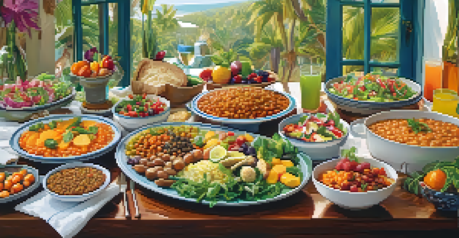 A close-up of a colorful vegetarian feast on a table with various dishes and friends enjoying the meal together in soft natural light.