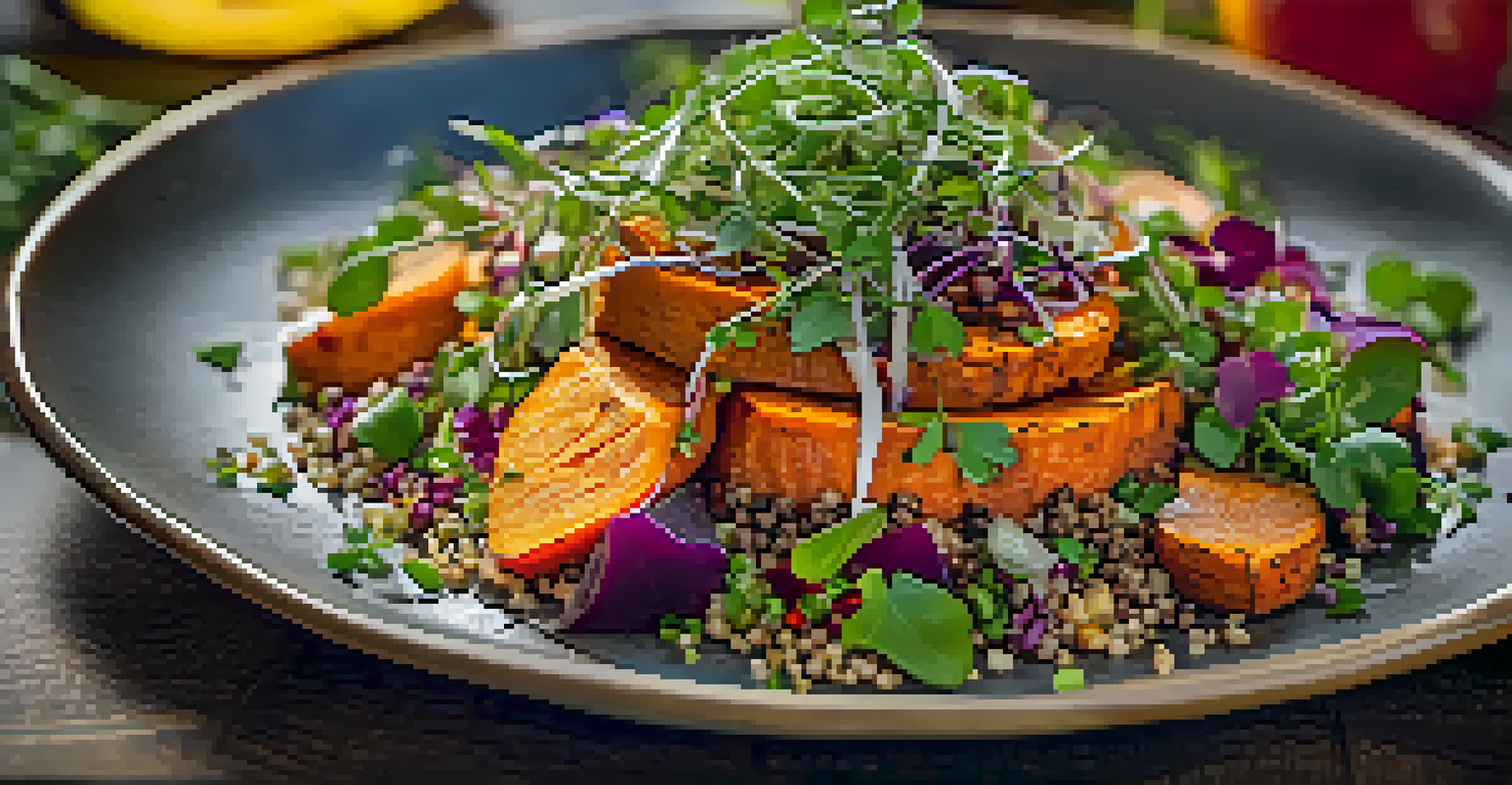A close-up view of a colorful vegetarian dish with quinoa and roasted vegetables, garnished beautifully.