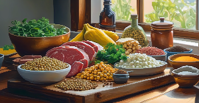 A kitchen setting with various meat substitutes like lentils, chickpeas, tofu, and jackfruit on a cutting board, illuminated by natural light.