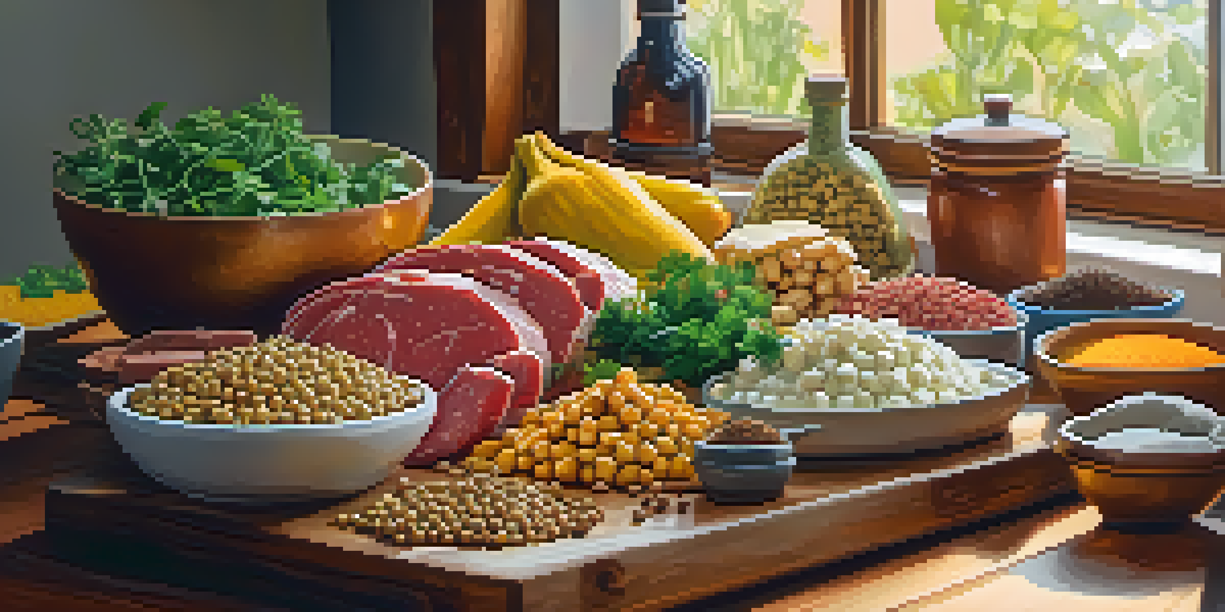 A kitchen setting with various meat substitutes like lentils, chickpeas, tofu, and jackfruit on a cutting board, illuminated by natural light.
