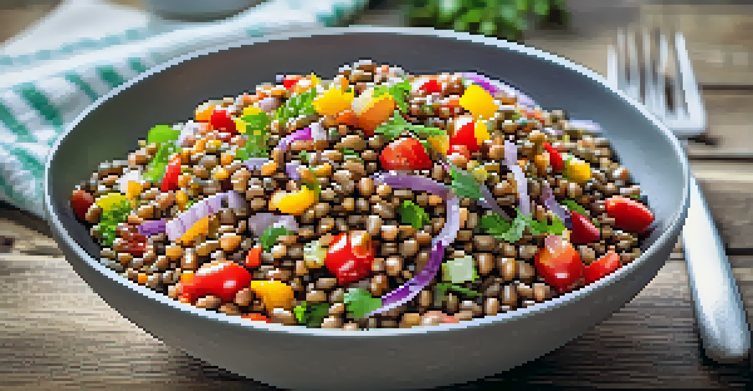 A visually appealing lentil salad with various fresh vegetables in a glass bowl on a wooden table.