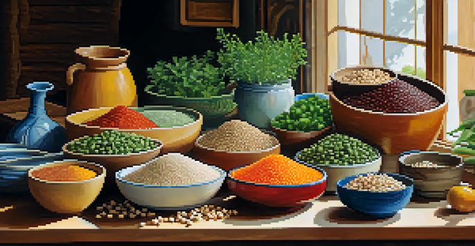 A still life image showcasing various plant-based protein sources like lentils, beans, tofu, and quinoa on a wooden table, illuminated by natural sunlight.