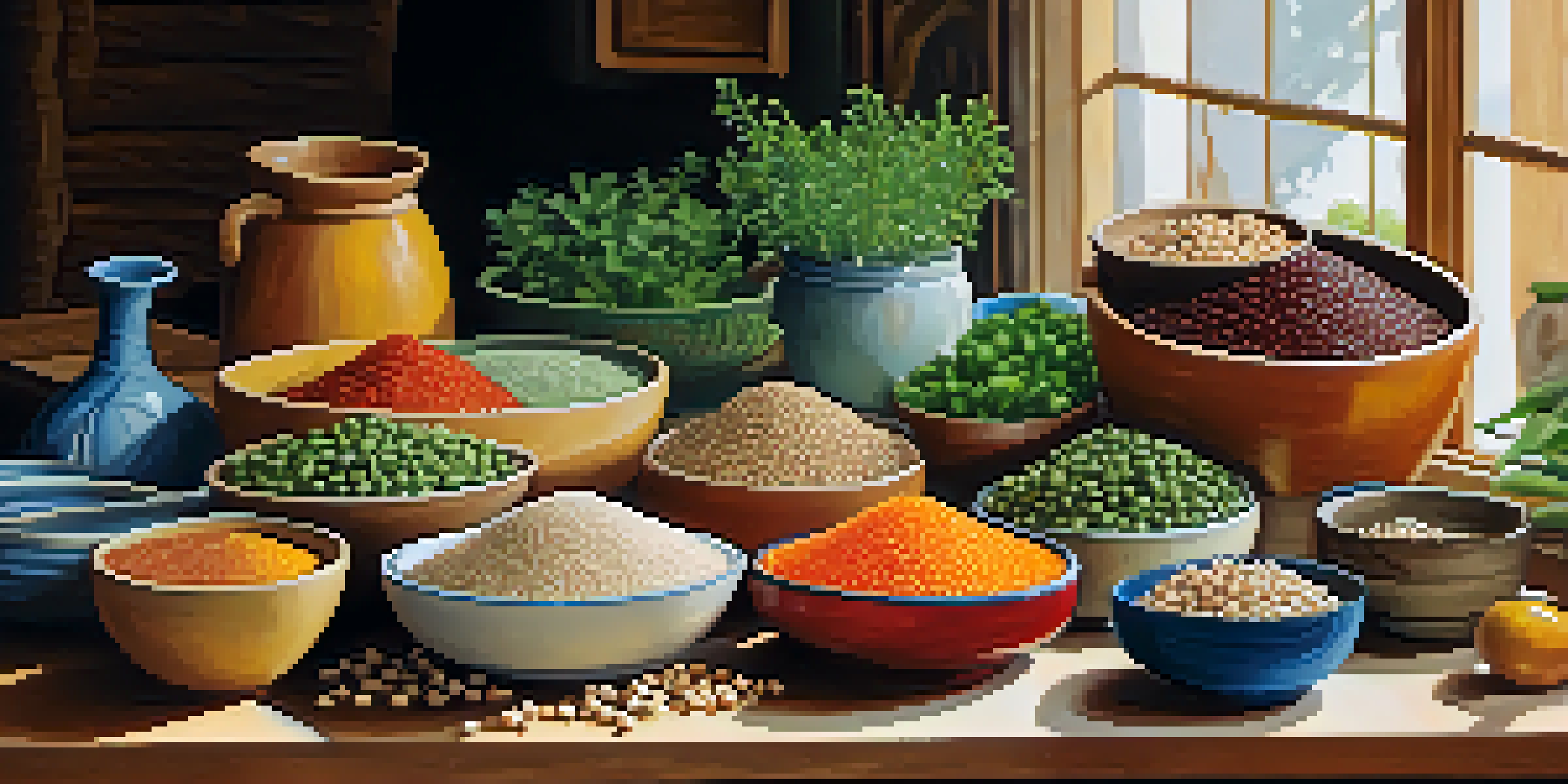 A still life image showcasing various plant-based protein sources like lentils, beans, tofu, and quinoa on a wooden table, illuminated by natural sunlight.