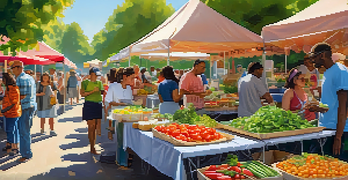 A lively community food festival showcasing diverse people enjoying vegetarian dishes at colorful stalls with fresh produce.