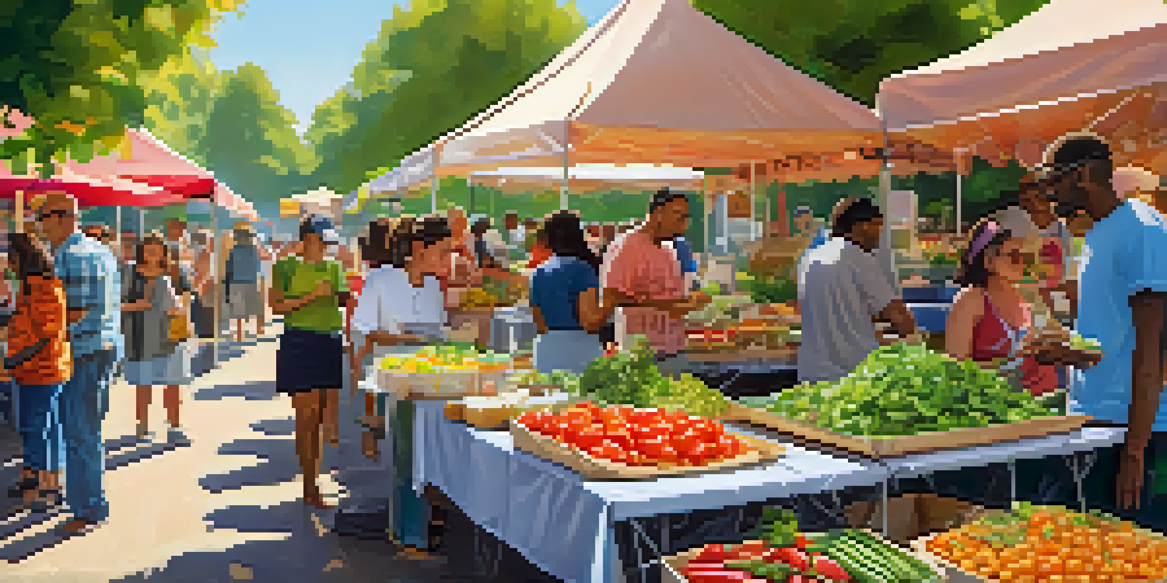 A lively community food festival showcasing diverse people enjoying vegetarian dishes at colorful stalls with fresh produce.