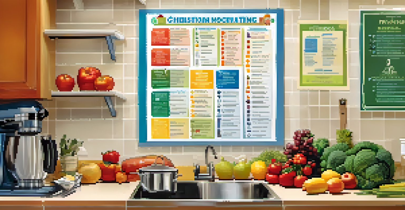 A colorful educational poster in a kitchen, displaying a checklist of safe cooking practices, surrounded by fresh produce on the counter.