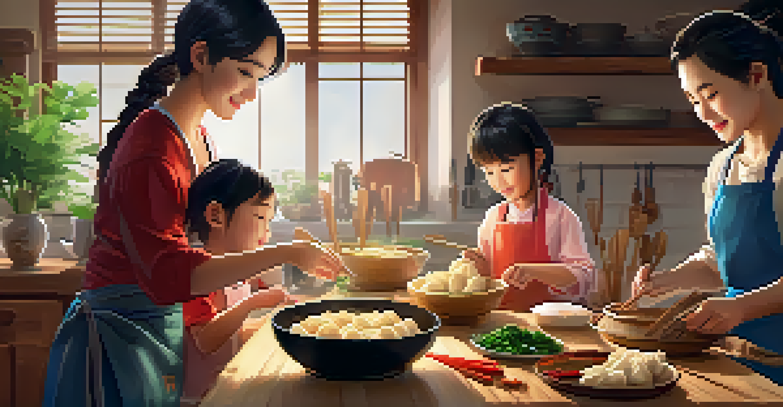 A family happily preparing vegetarian dumplings in a cozy kitchen filled with fresh ingredients, creating a warm and inviting atmosphere.