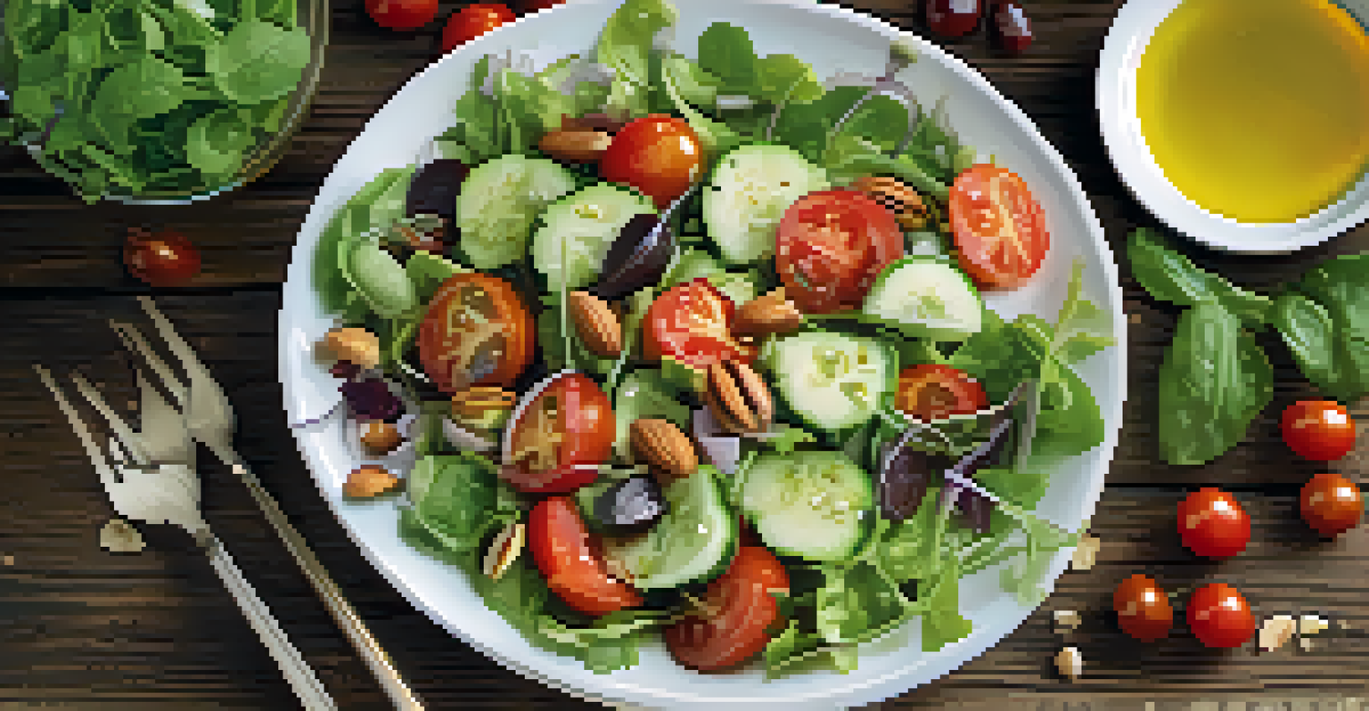 A close-up of a vibrant salad drizzled with sunflower oil vinaigrette on a rustic wooden table.