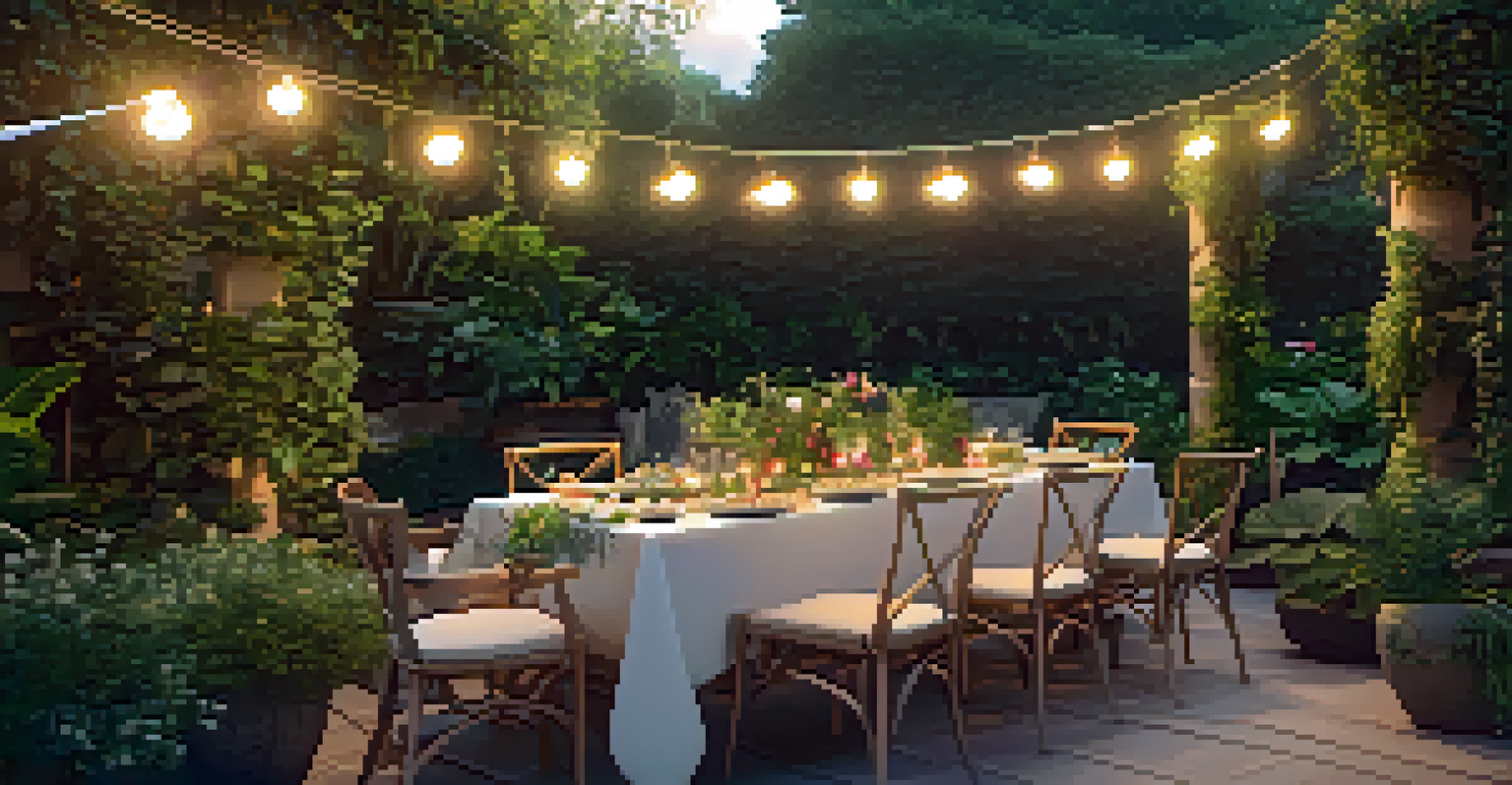 An outdoor dining table set in a lush garden with vegetarian dishes, surrounded by greenery and soft fairy lights.
