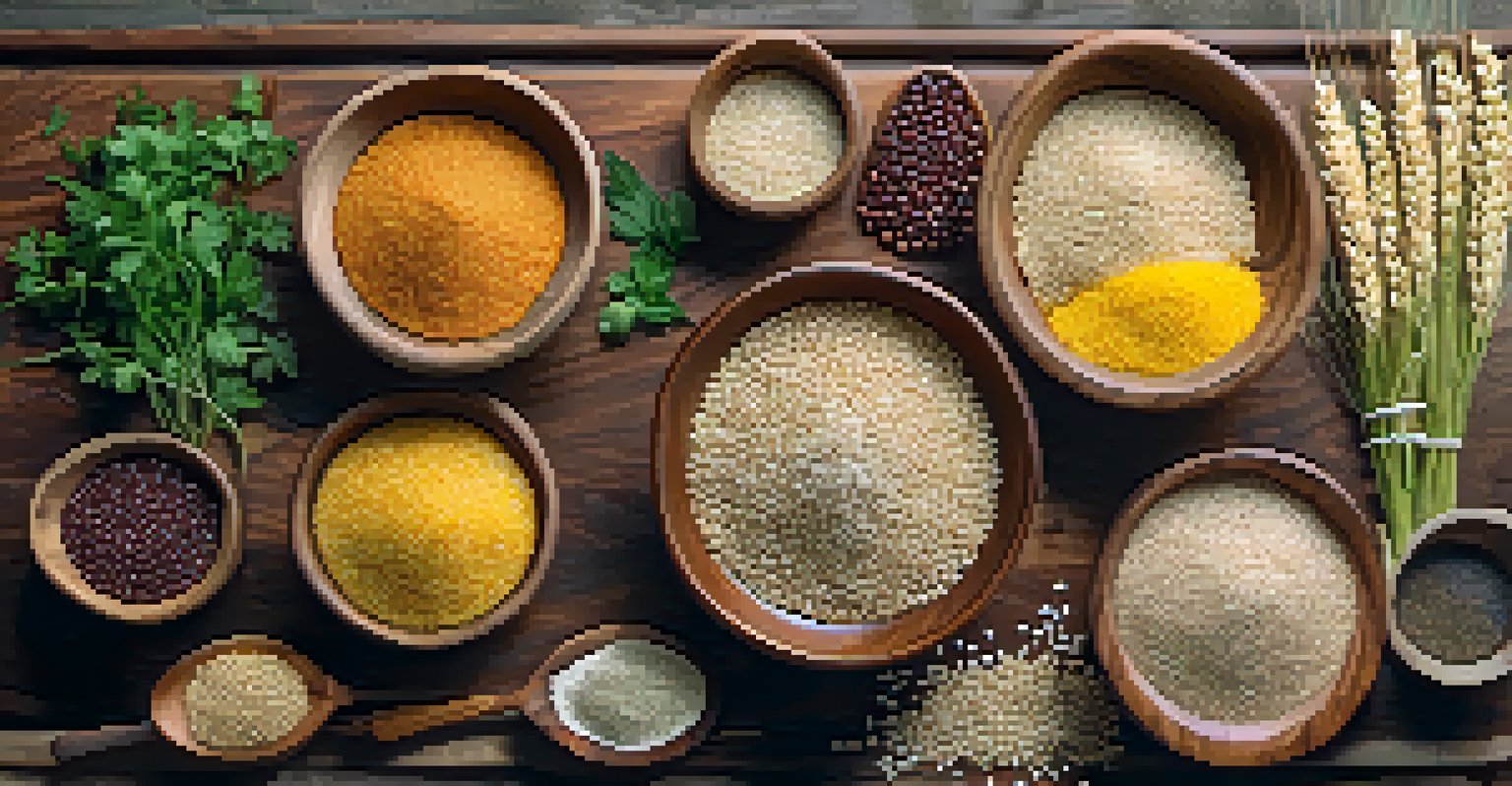 An assortment of gluten-free grains in rustic bowls, surrounded by fresh vegetables and herbs on a wooden cutting board with warm lighting.