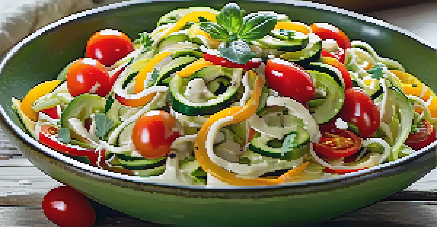 Close-up of a zucchini noodle salad with cherry tomatoes and cashew dressing in a rustic bowl, highlighting the freshness of the ingredients.