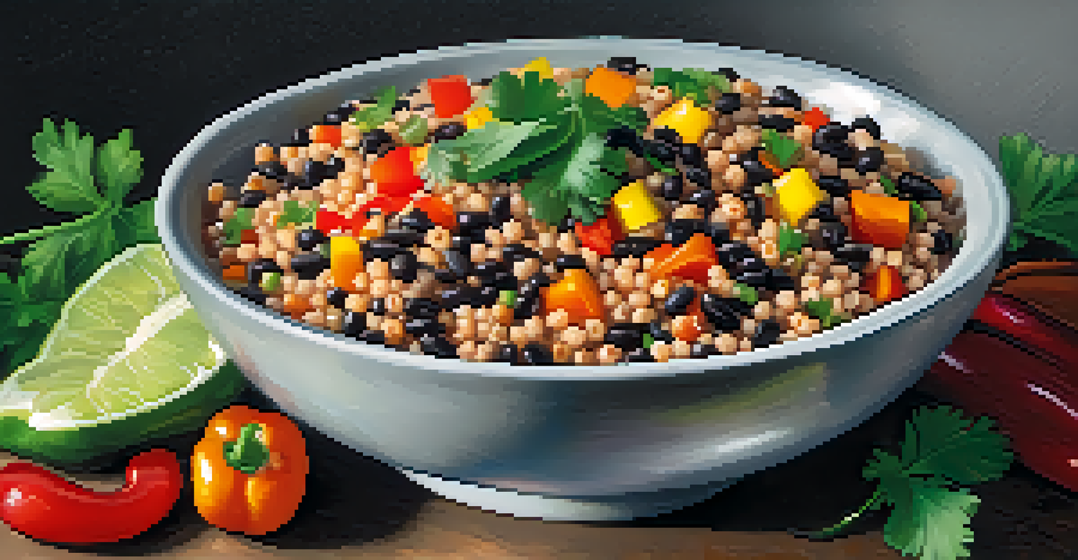 A close-up view of a bowl containing quinoa, black beans, and diced vegetables, showcasing the vibrant colors and freshness of the ingredients.