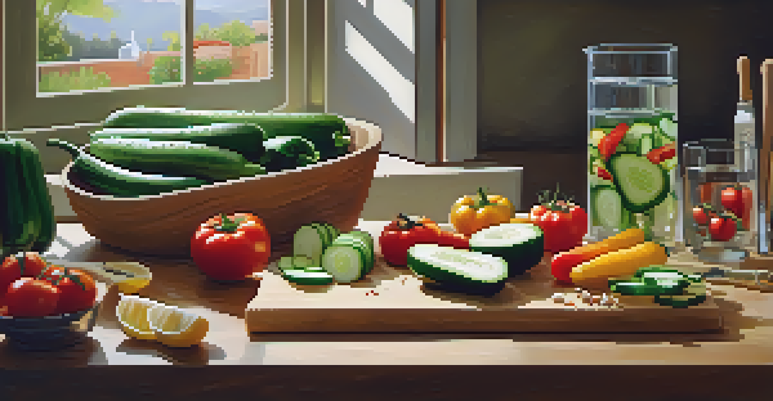A wooden cutting board with sliced vegetables and fruits, surrounded by kitchen utensils in a warm, inviting kitchen.