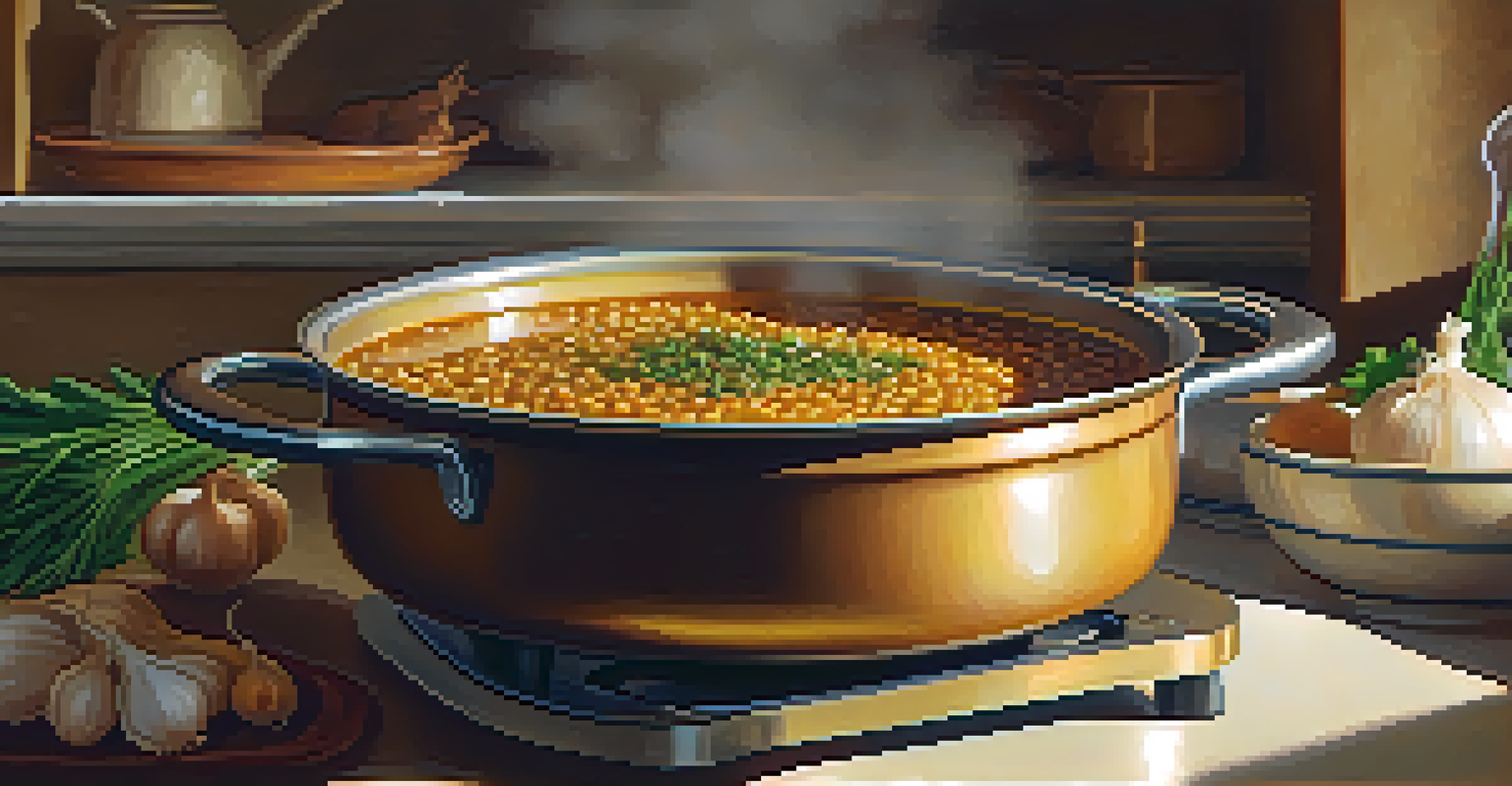A close-up of a pot with lentils cooking in vegetable broth, surrounded by fresh ingredients and spices.