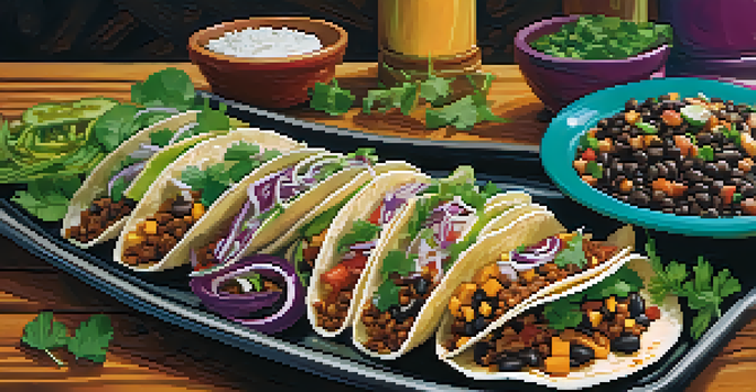 A colorful platter of vegetarian tacos with various fillings and toppings on a rustic wooden table.