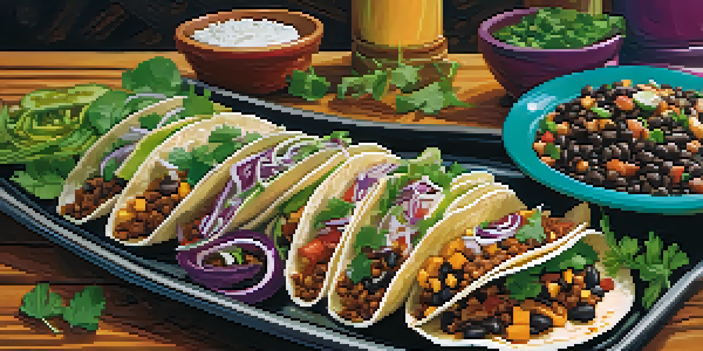 A colorful platter of vegetarian tacos with various fillings and toppings on a rustic wooden table.