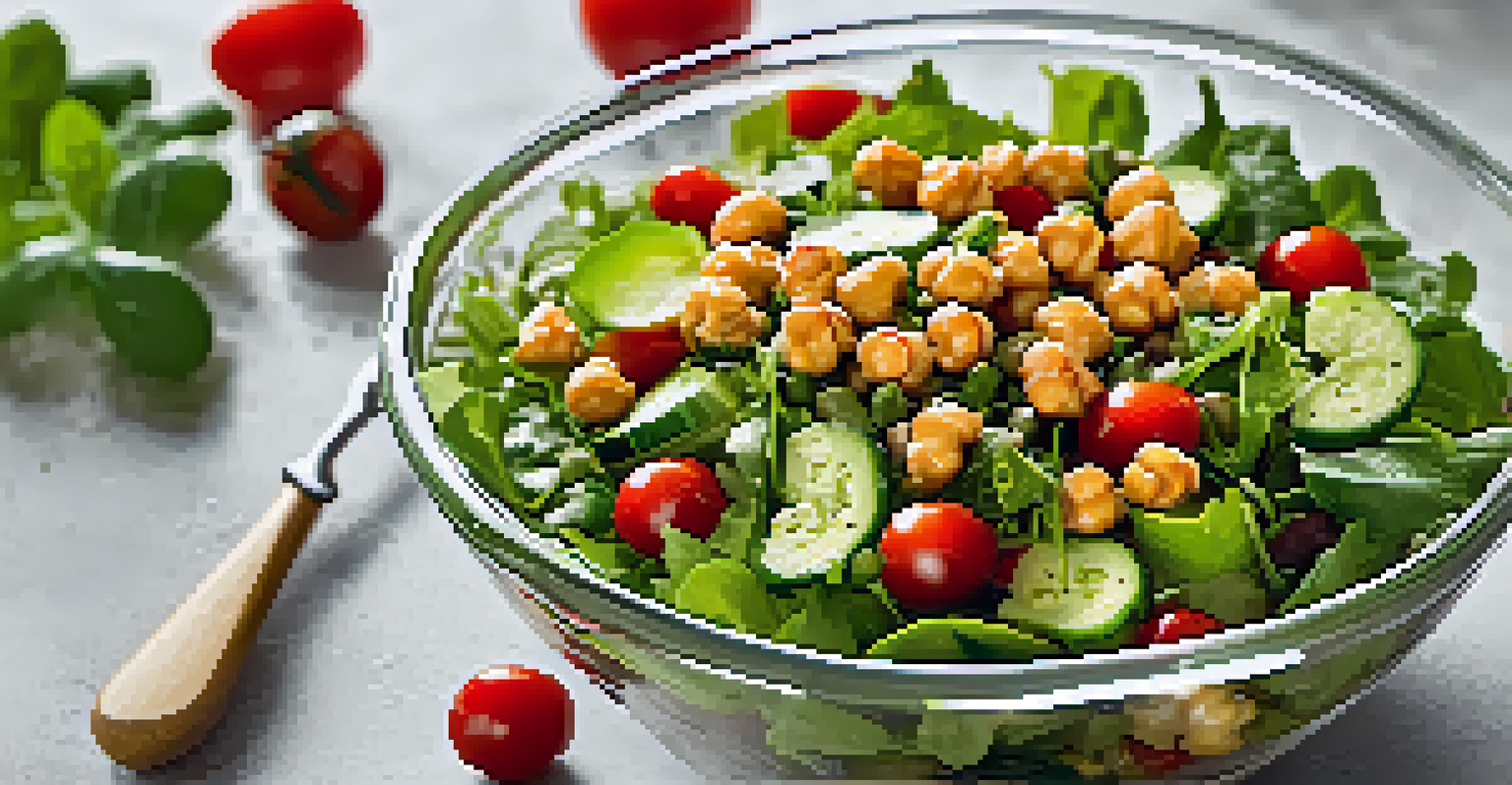 A colorful salad with greens, roasted chickpeas, cucumbers, and cherry tomatoes in a glass bowl, with a bright kitchen background.
