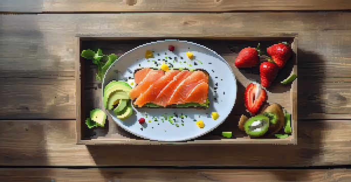 A colorful plate with smoked salmon and avocado toast, garnished with chia seeds and surrounded by fresh fruits on a wooden table.