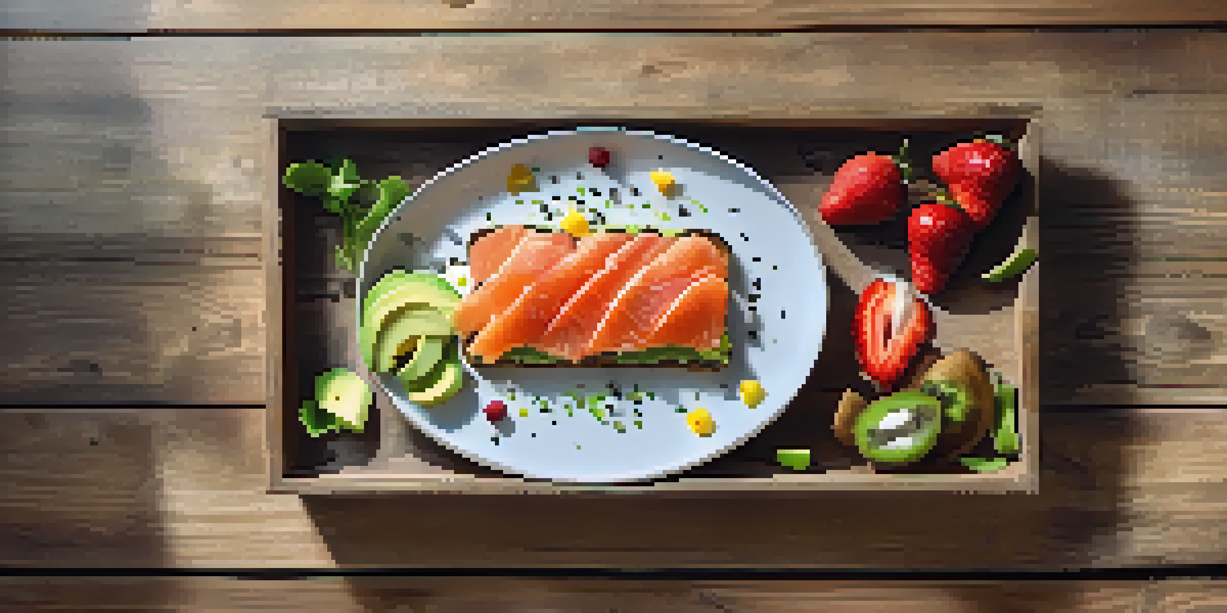 A colorful plate with smoked salmon and avocado toast, garnished with chia seeds and surrounded by fresh fruits on a wooden table.