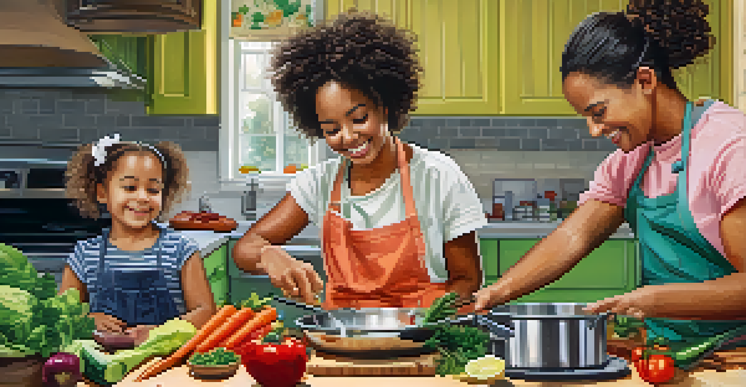 Children participating in meal preparation in a bright family kitchen, with one child stirring a pot and another chopping vegetables.