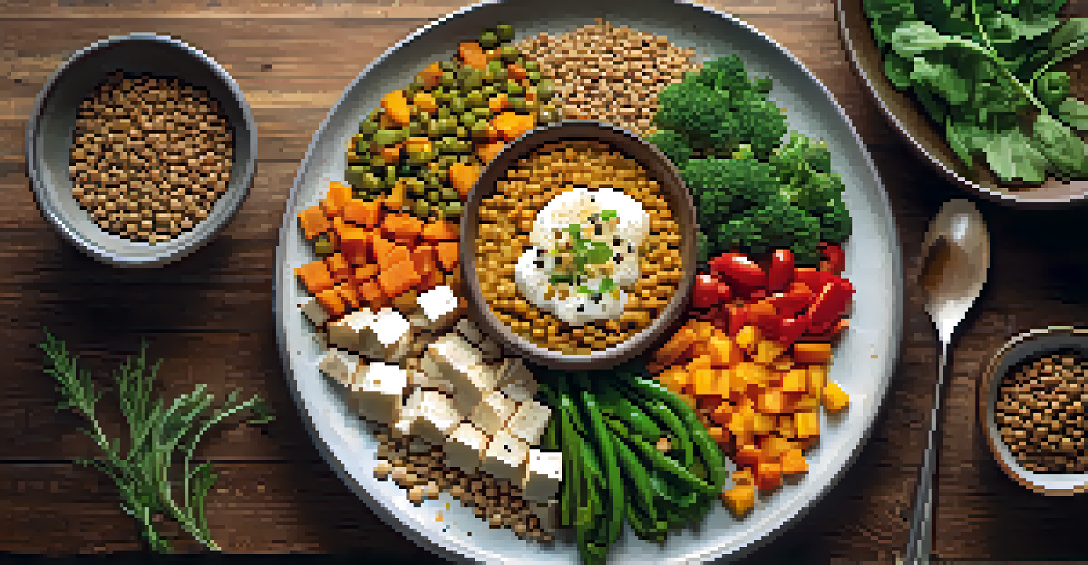 A close-up of a balanced vegetarian meal featuring colorful vegetables, whole grains, and protein sources on a rustic background.