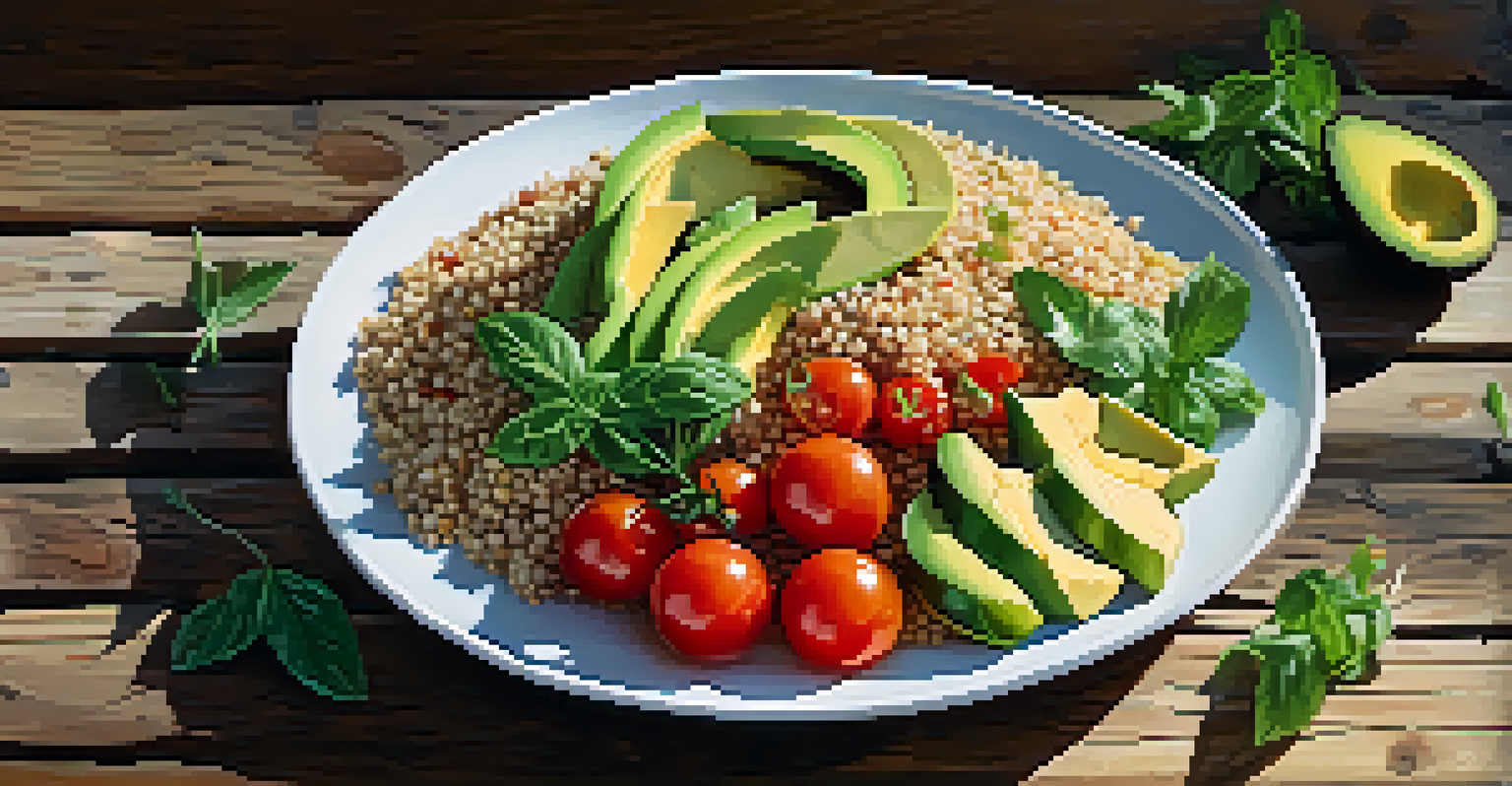 A close-up view of a colorful vegetarian dish with quinoa, cherry tomatoes, and avocado on a wooden table.