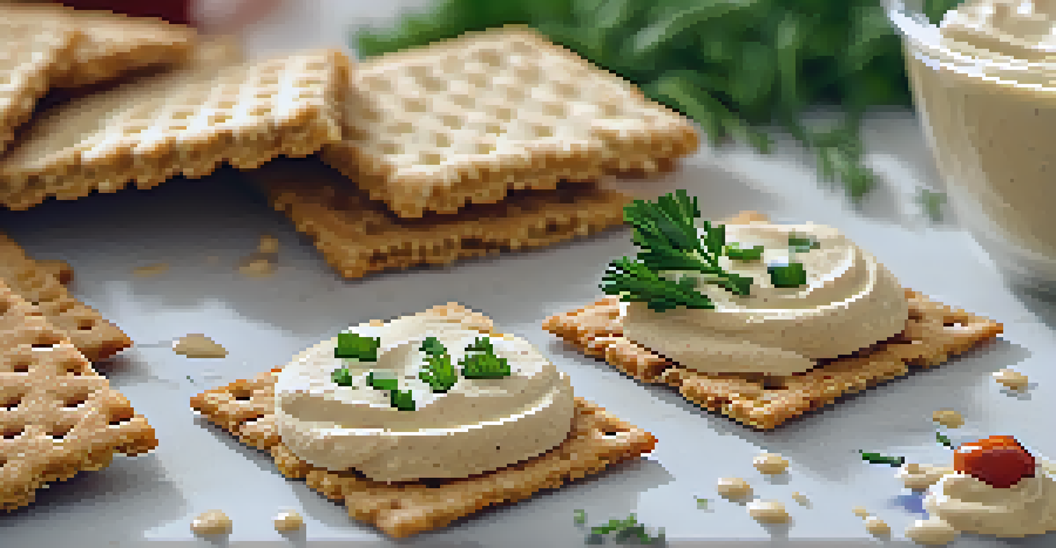 A close-up of whole-grain crackers with hummus and garnishes in a softly blurred kitchen setting.