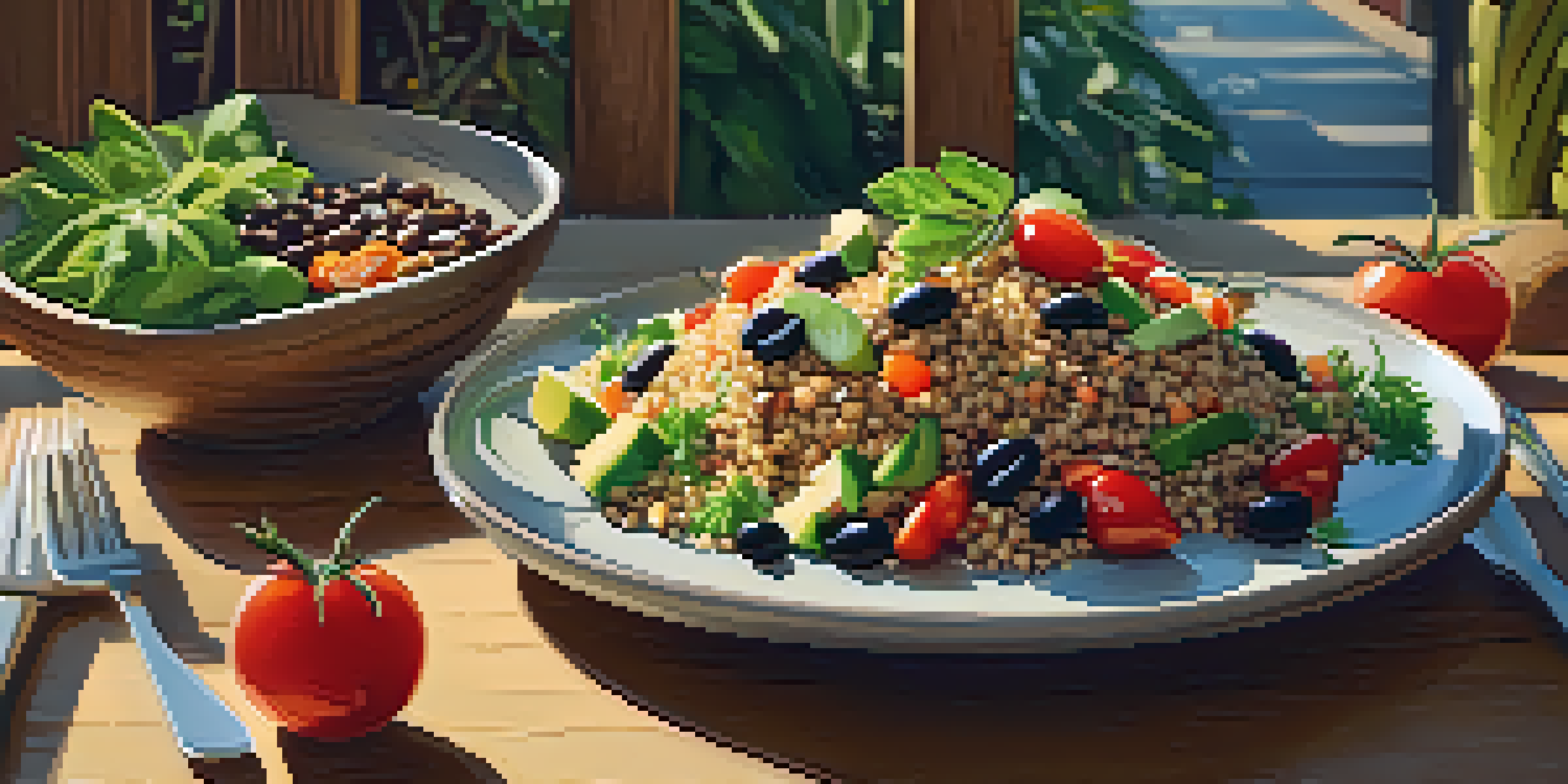 A colorful plant-based meal featuring quinoa salad, black beans, avocado, and fresh vegetables on a wooden table with warm sunlight.