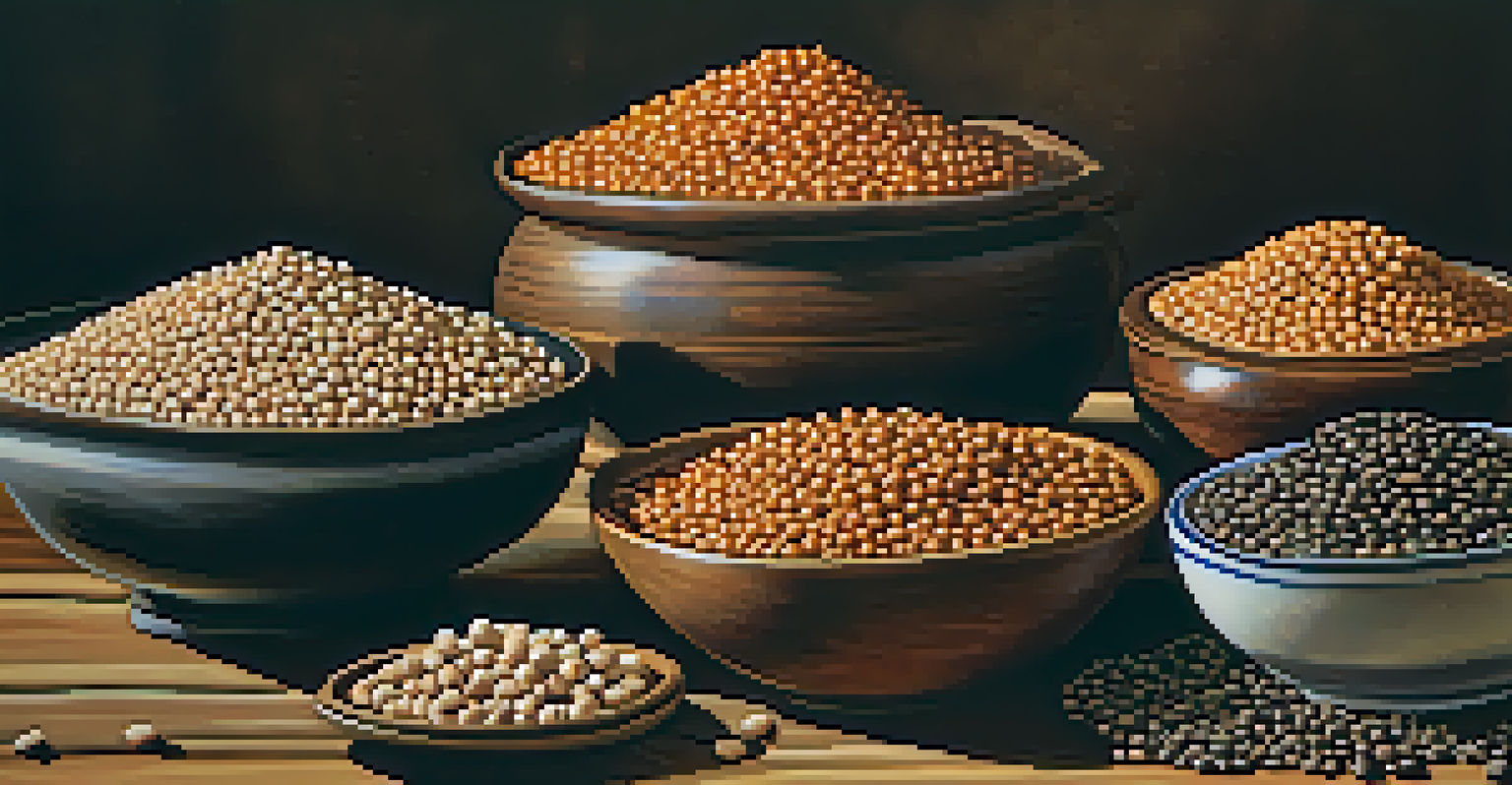 An assortment of legumes in wooden bowls, showcasing lentils and chickpeas, set against burlap fabric.